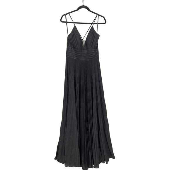 Mac Duggal Shimmer Pleated V-Neck Gown Womens Sz 4 Black Glitter Floor Length